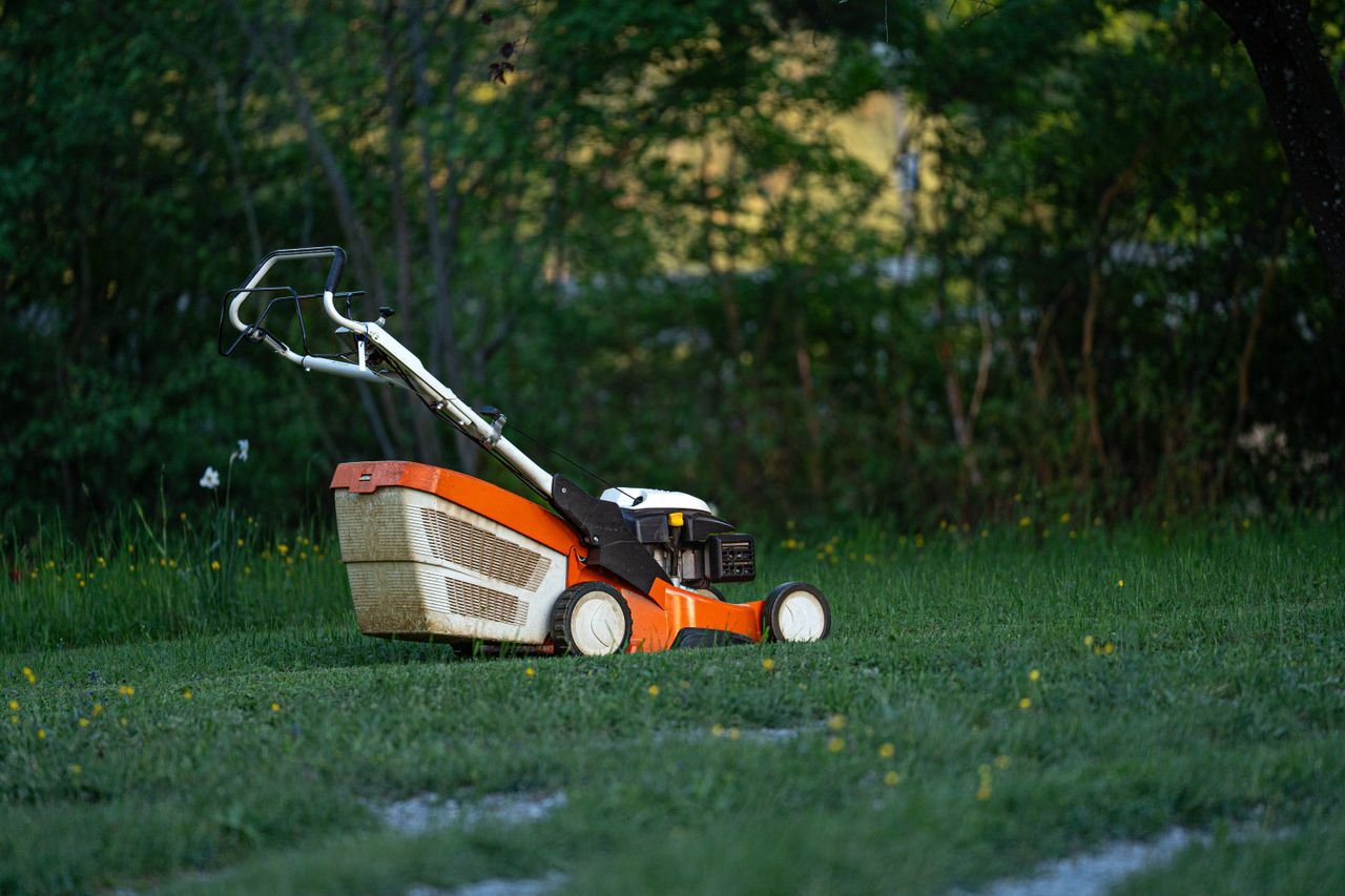 Mastering the First Impression: Your intriguing post title goes here A lawn mower sits on a green lawn in a backyard, ready for yard work.